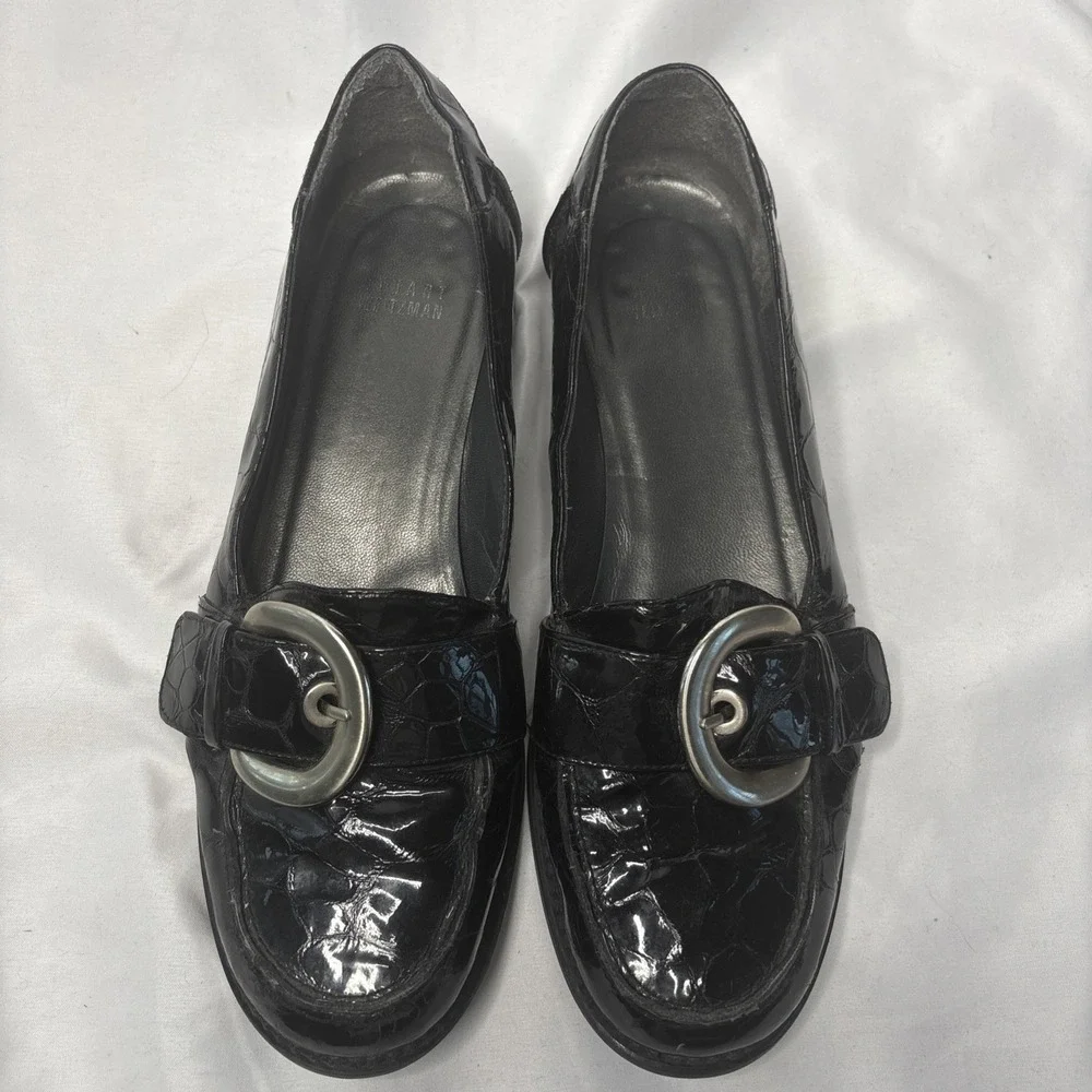 Stuart Weitzman Womens 8.5M Black Alligator Patent Leather Loafers Silver Buckle